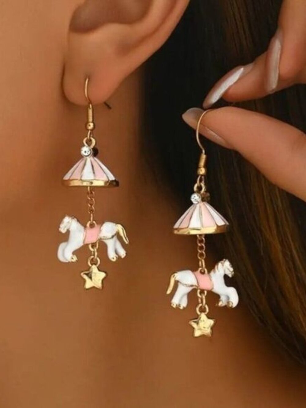 Pastel Colored Charming Pink and Gold Carousel Horse Earrings